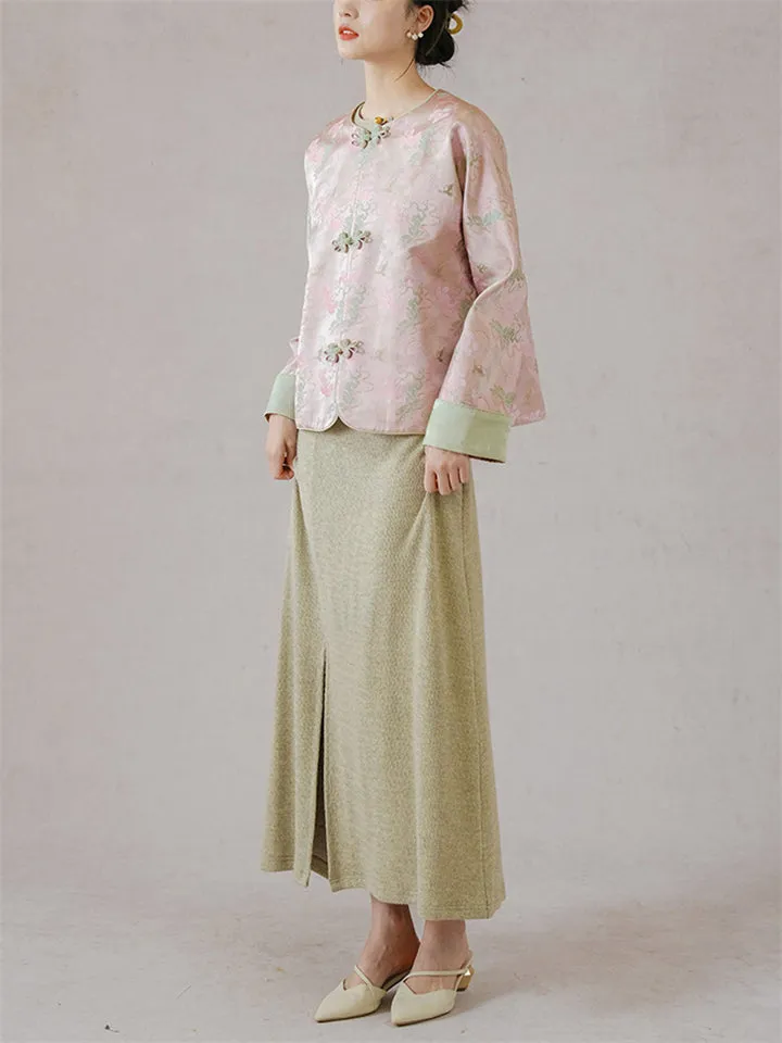 Elegant Round Neck Knot Button Pink Green Female Jacket