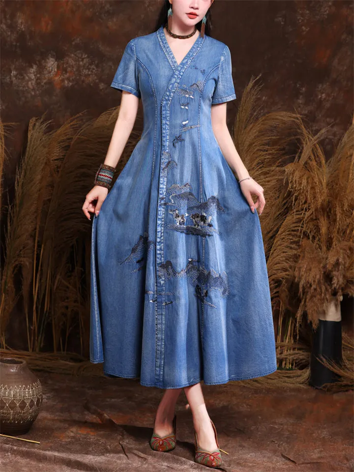 Elegant V Neck Short Sleeve Vintage Embroidery Dress for Women
