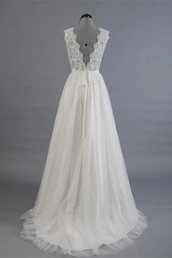 Elegant V-neck Sweep Train White Open Back Lace Wedding Dress TN0009