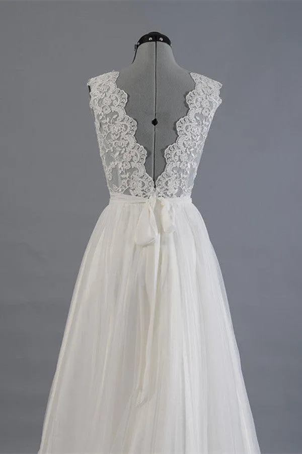 Elegant V-neck Sweep Train White Open Back Lace Wedding Dress TN0009