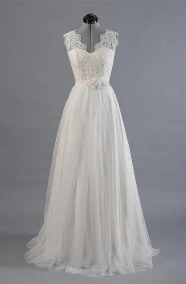 Elegant V-neck Sweep Train White Open Back Lace Wedding Dress TN0009