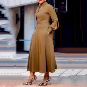 Elegant Women's A-Line Dress African Office Lady Stand Collar Lantern Sleeve Mid-Calf Women's Dress Robe Autumn Vestiods