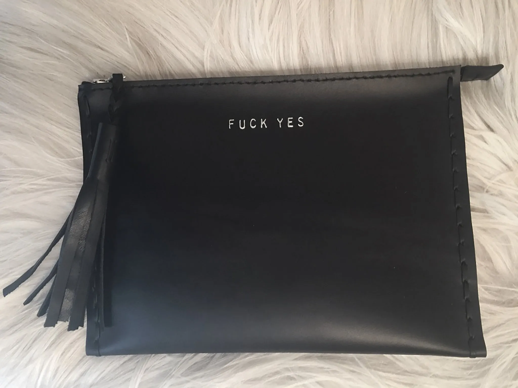 Embossed 'FUCK YES' Laced Leather Clutch