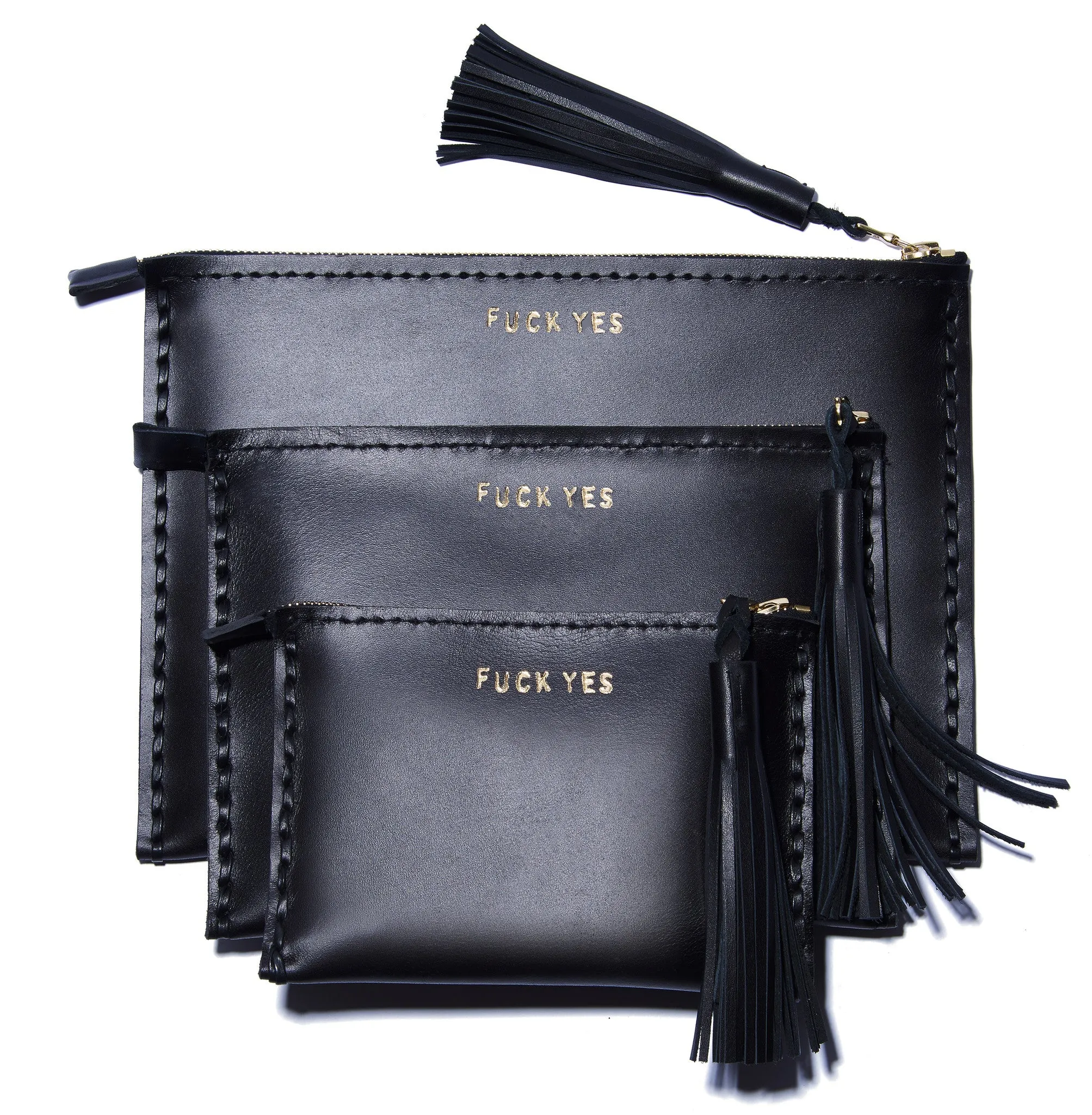 Embossed 'FUCK YES' Laced Leather Clutch