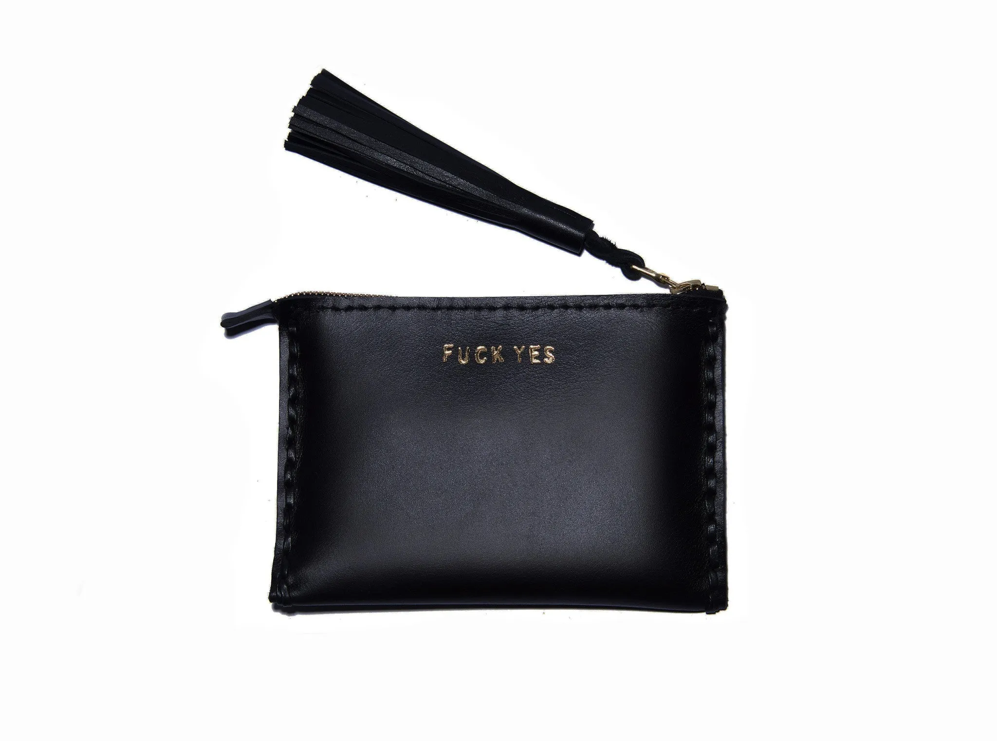 Embossed 'FUCK YES' Laced Leather Clutch
