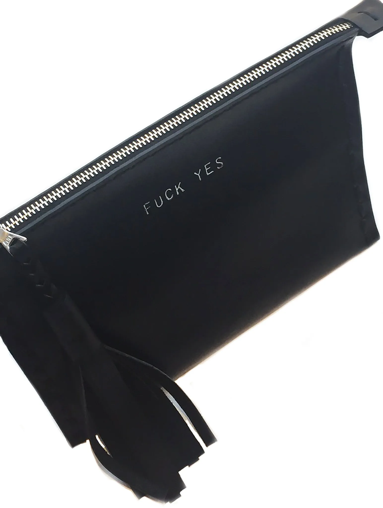 Embossed 'FUCK YES' Laced Leather Clutch