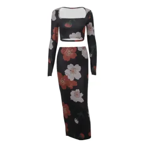 Europe and America2023Summer New Women's Clothing Sexy Retro Printed Two-Piece Suit Midriff-Baring Long Sleeve Top and Skirt Suit