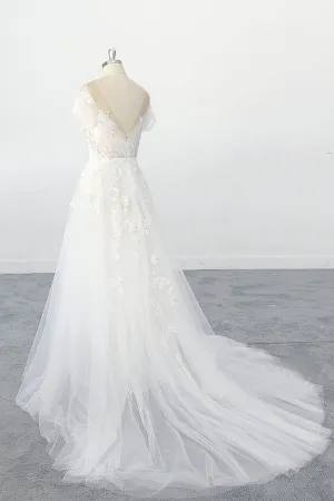 Exquisite off Shoulder Sleeves Lace Appliques Tulle Wedding Dresses with Illusion Neckline OKU95
