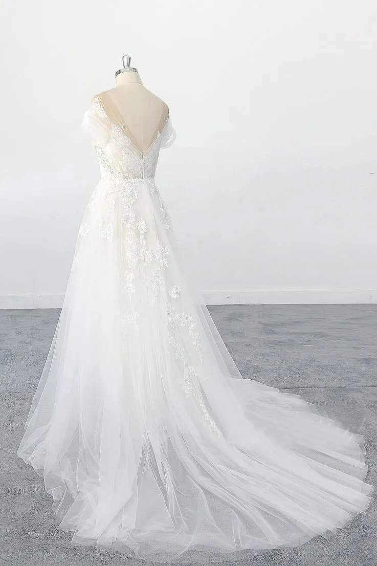 Exquisite off Shoulder Sleeves Lace Appliques Tulle Wedding Dresses with Illusion Neckline OKU95