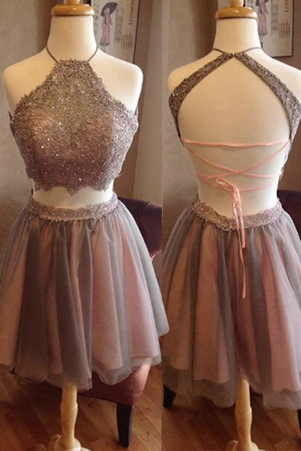 Exquisite Two pieces Open Back Halter Blush Lace Homecoming Dress TR0056