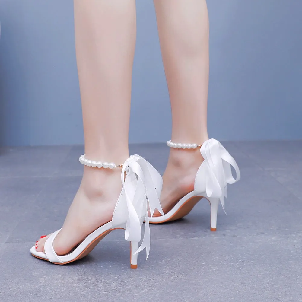 Fish Mouth One Strap Stiletto Heels Wedding Shoes with Pearls and Ribbons