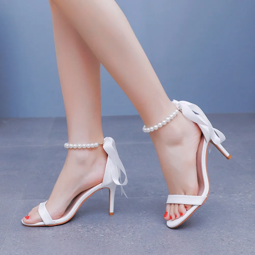 Fish Mouth One Strap Stiletto Heels Wedding Shoes with Pearls and Ribbons