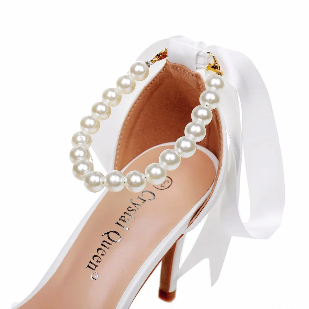 Fish Mouth One Strap Stiletto Heels Wedding Shoes with Pearls and Ribbons