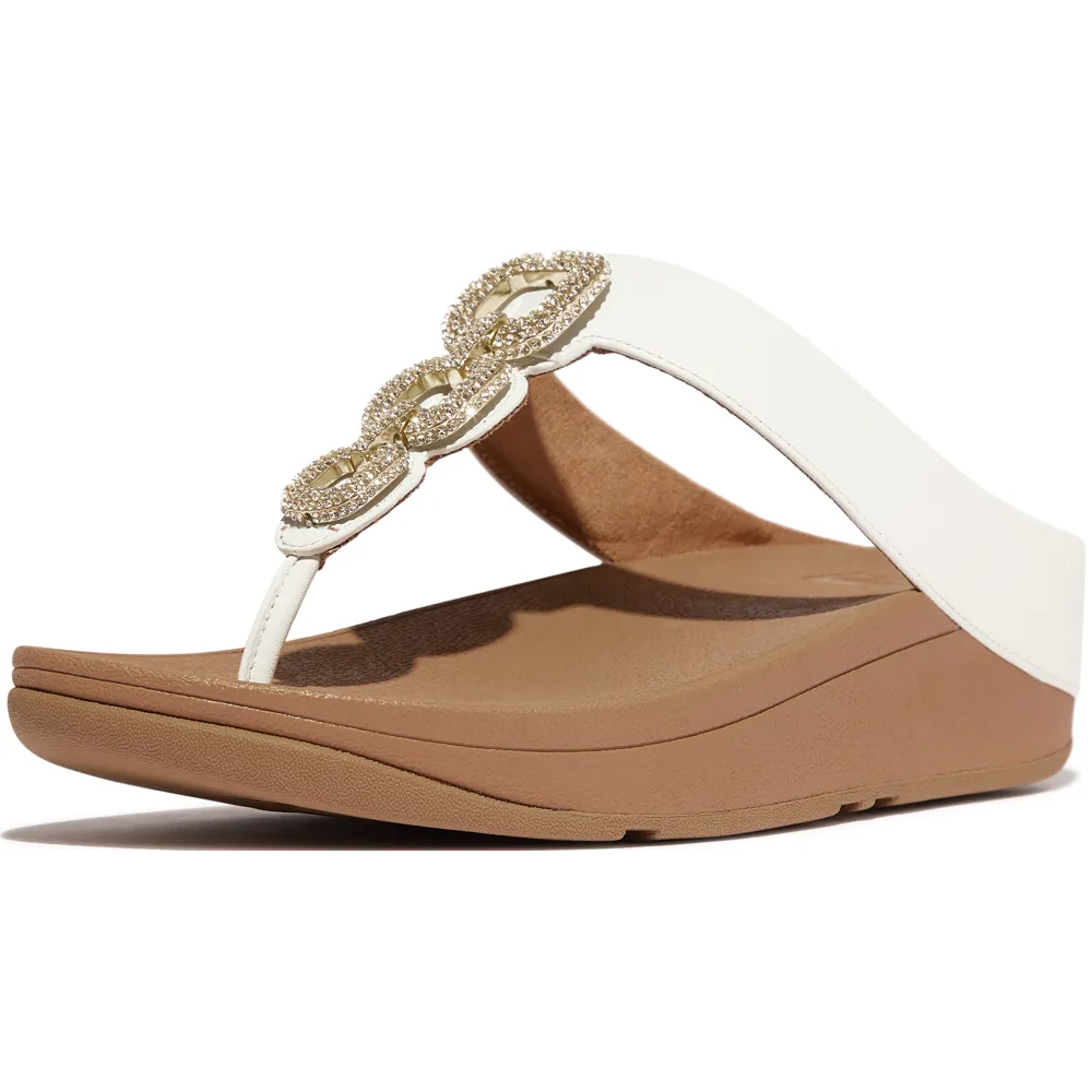 FitFlop Fino Crystal-Chain Leather Toe-Post Urban White Sandals