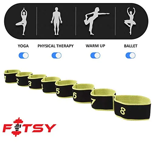 FITSY Cotton Nylon Blended Elastic 8 Loops Stretching Strap for Yoga, Pilates, Exercise, Physical Therapy Home Fitness, Black