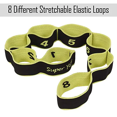 FITSY Cotton Nylon Blended Elastic 8 Loops Stretching Strap for Yoga, Pilates, Exercise, Physical Therapy Home Fitness, Black