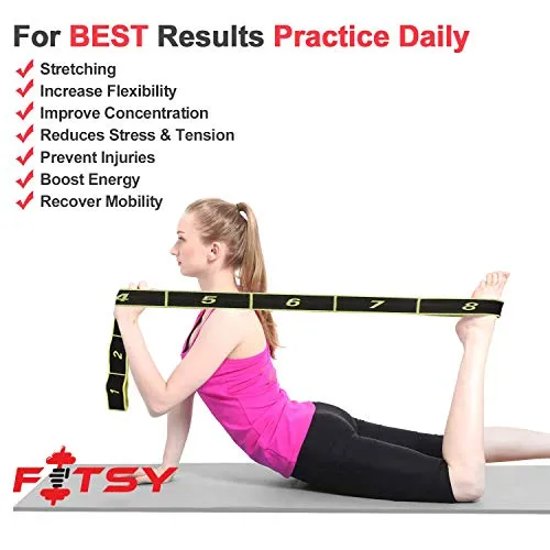 FITSY Cotton Nylon Blended Elastic 8 Loops Stretching Strap for Yoga, Pilates, Exercise, Physical Therapy Home Fitness, Black
