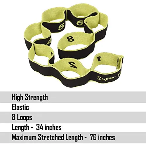 FITSY Cotton Nylon Blended Elastic 8 Loops Stretching Strap for Yoga, Pilates, Exercise, Physical Therapy Home Fitness, Black