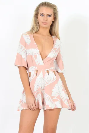 Floral Coral Plunge Cut Out Playsuit - Sally