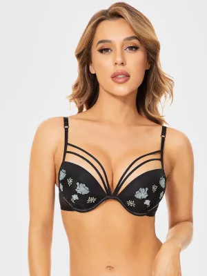 Floral Lace Embroidery Push Up Bra Black