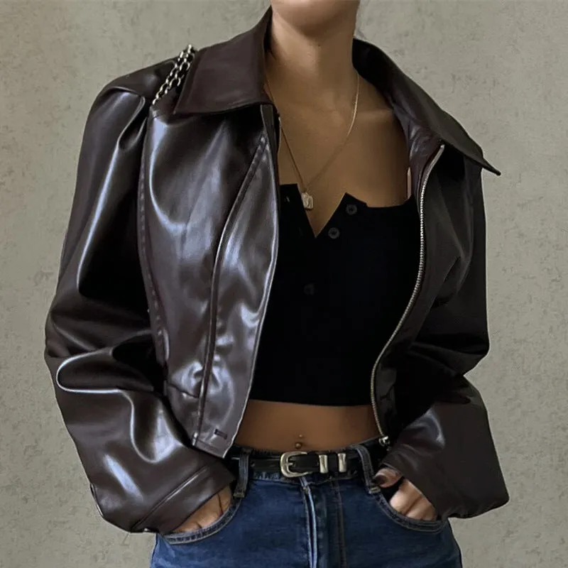 Foreign Trade European and American Women's Clothing2023Autumn New Retro Temperament Lapel ZipperPULeather American Casual Jacket Coat
