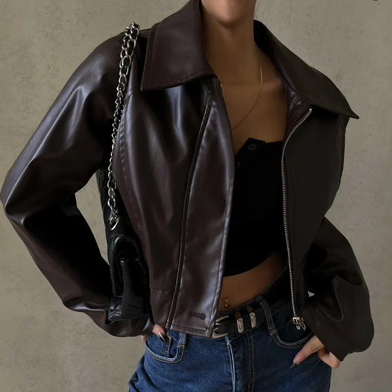 Foreign Trade European and American Women's Clothing2023Autumn New Retro Temperament Lapel ZipperPULeather American Casual Jacket Coat