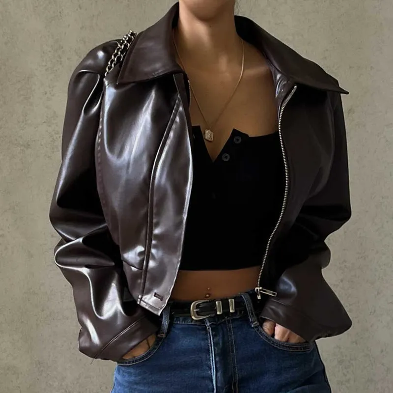 Foreign Trade European and American Women's Clothing2023Autumn New Retro Temperament Lapel ZipperPULeather American Casual Jacket Coat