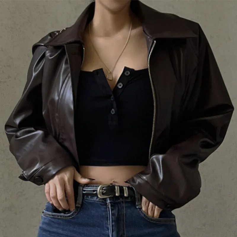 Foreign Trade European and American Women's Clothing2023Autumn New Retro Temperament Lapel ZipperPULeather American Casual Jacket Coat