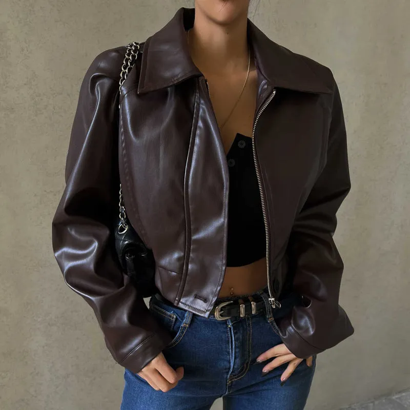 Foreign Trade European and American Women's Clothing2023Autumn New Retro Temperament Lapel ZipperPULeather American Casual Jacket Coat