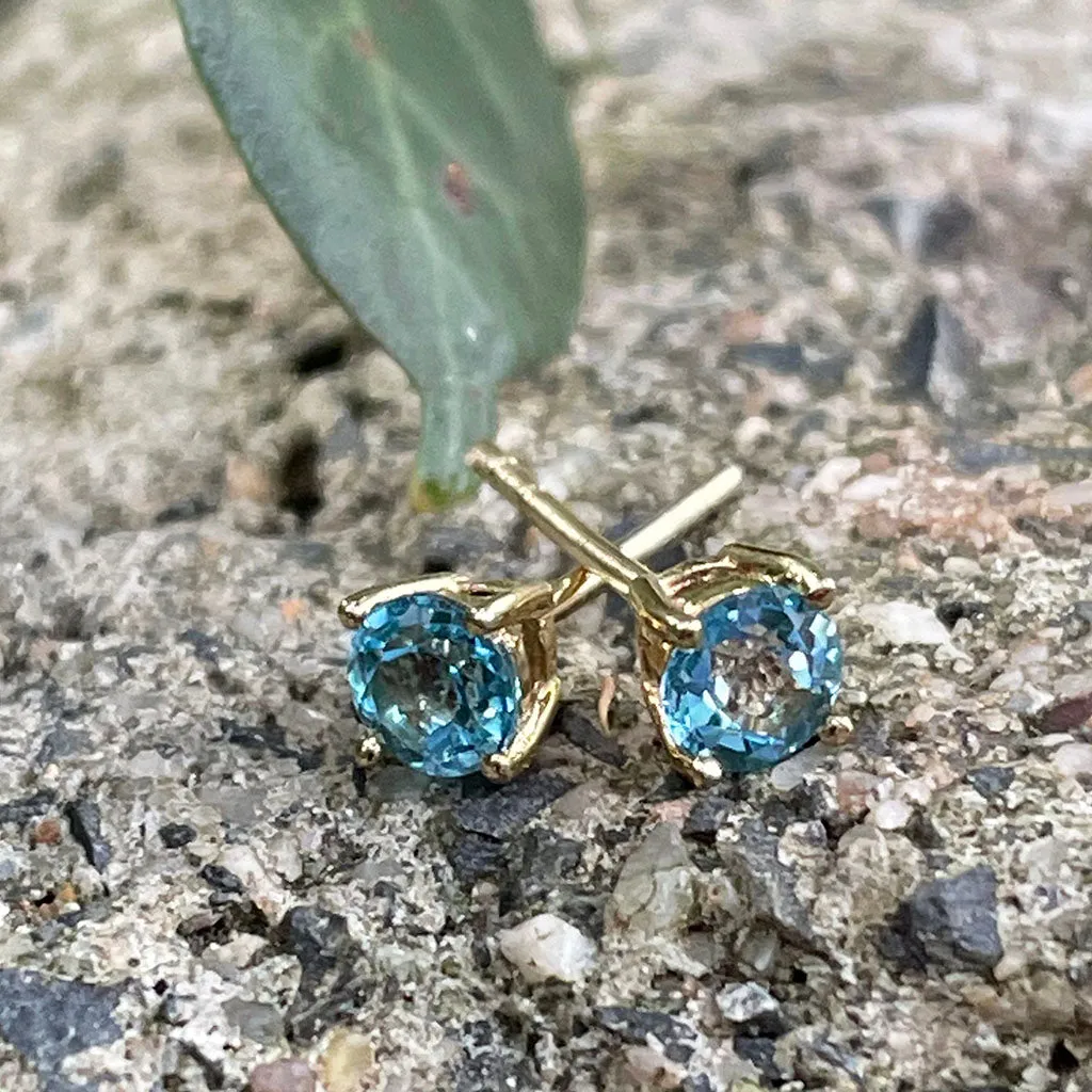 Four Claw Yellow Gold Blue Topaz Earrings