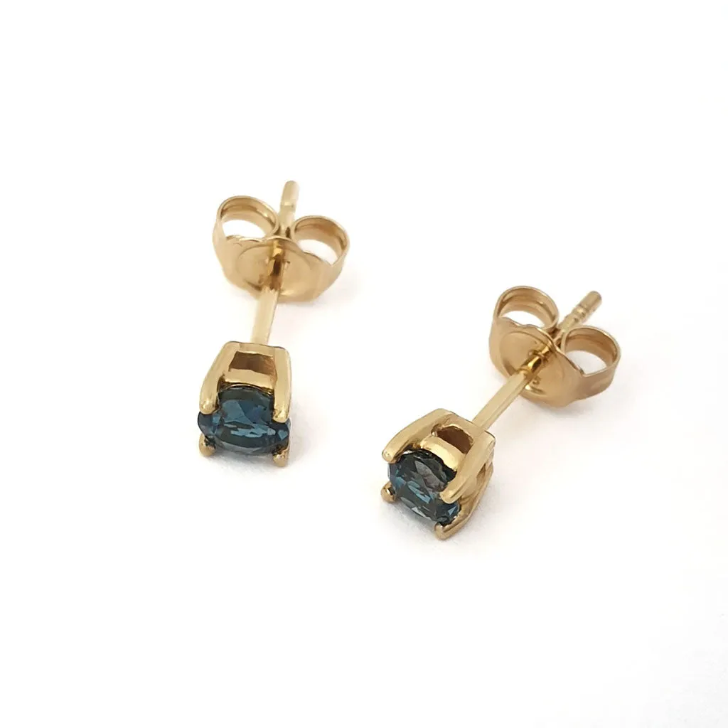 Four Claw Yellow Gold London Blue Topaz Earrings