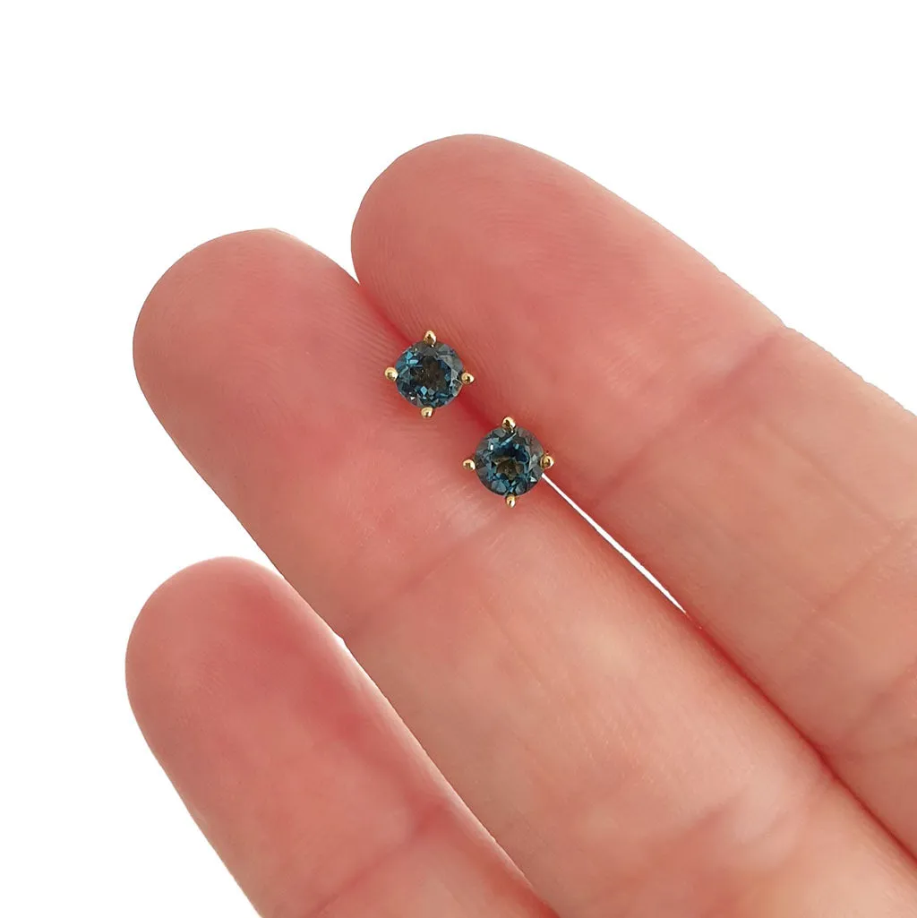 Four Claw Yellow Gold London Blue Topaz Earrings