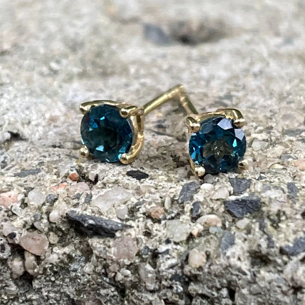 Four Claw Yellow Gold London Blue Topaz Earrings