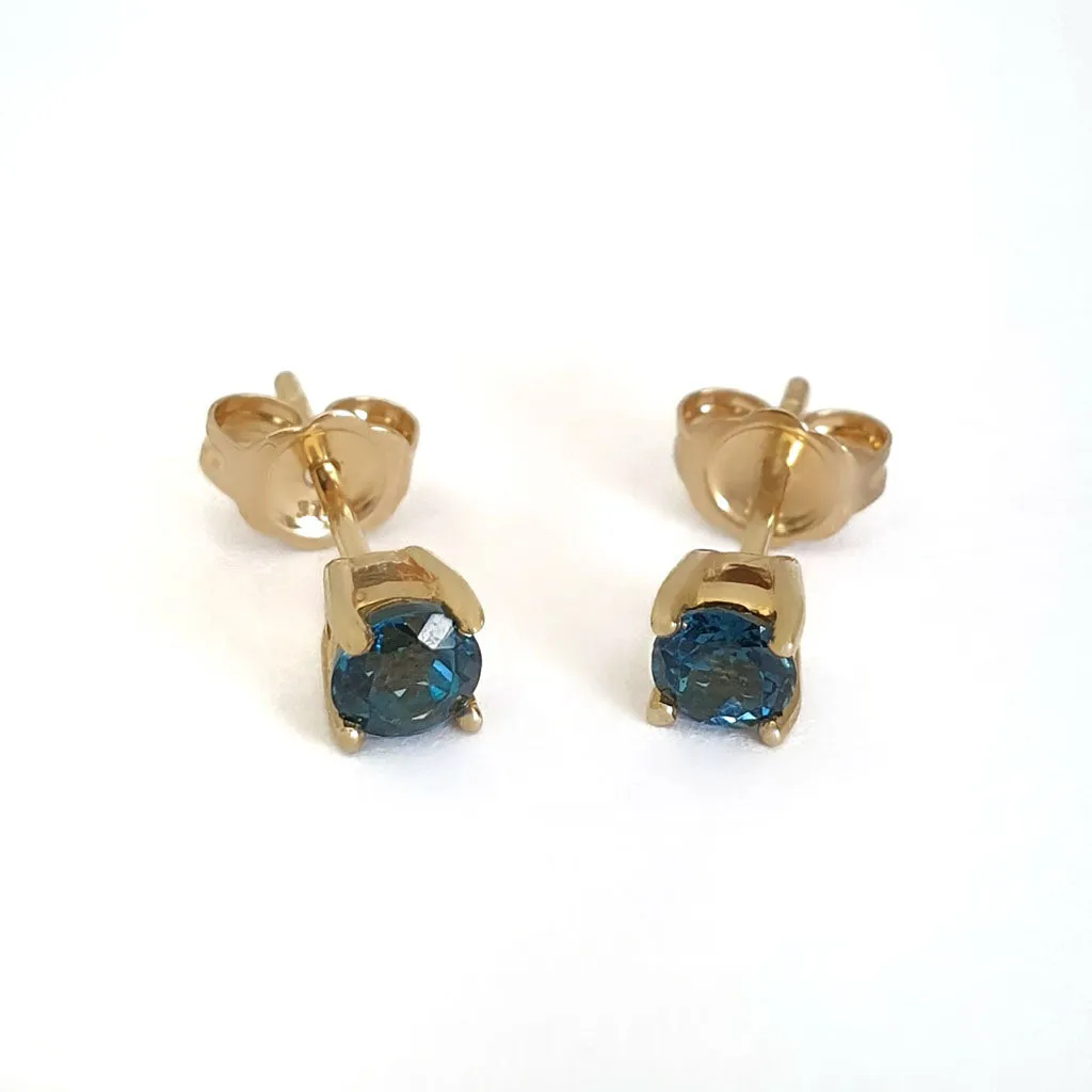 Four Claw Yellow Gold London Blue Topaz Earrings