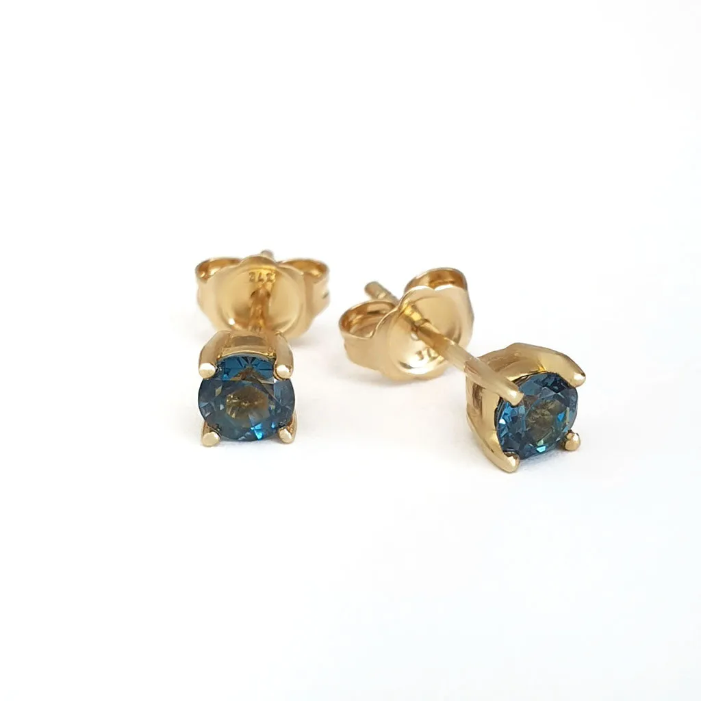 Four Claw Yellow Gold London Blue Topaz Earrings