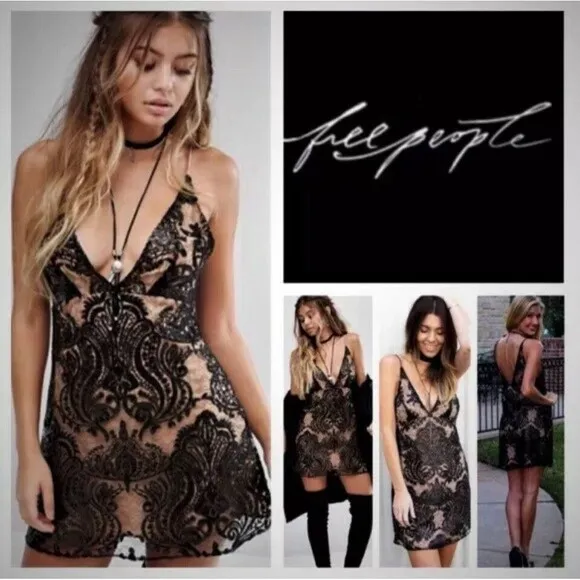 Free People Elegant Lace Mini Dress Women’s 8 Beige Brown Night Shimmers Sequin