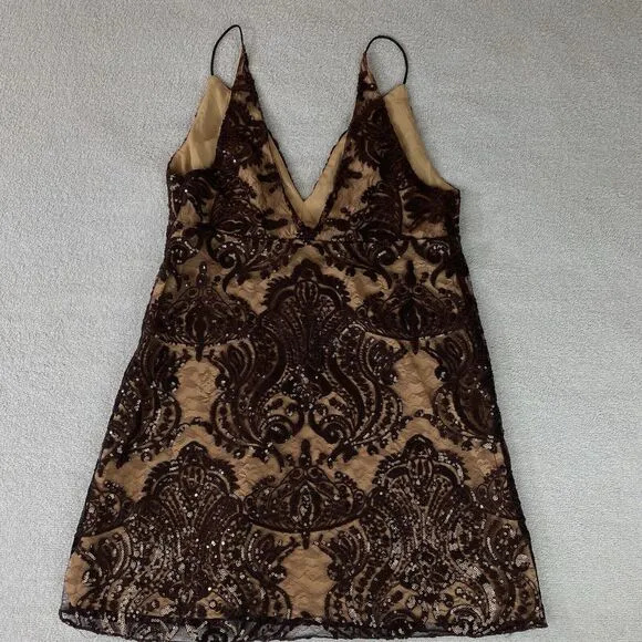 Free People Elegant Lace Mini Dress Women’s 8 Beige Brown Night Shimmers Sequin