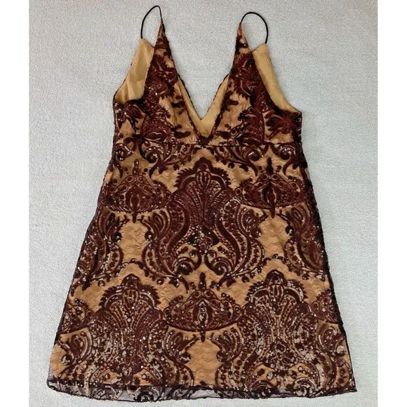 Free People Elegant Lace Mini Dress Women’s 8 Beige Brown Night Shimmers Sequin