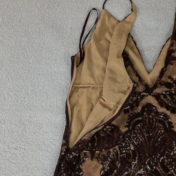 Free People Elegant Lace Mini Dress Women’s 8 Beige Brown Night Shimmers Sequin