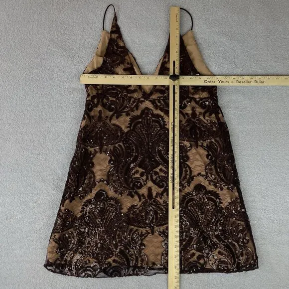 Free People Elegant Lace Mini Dress Women’s 8 Beige Brown Night Shimmers Sequin
