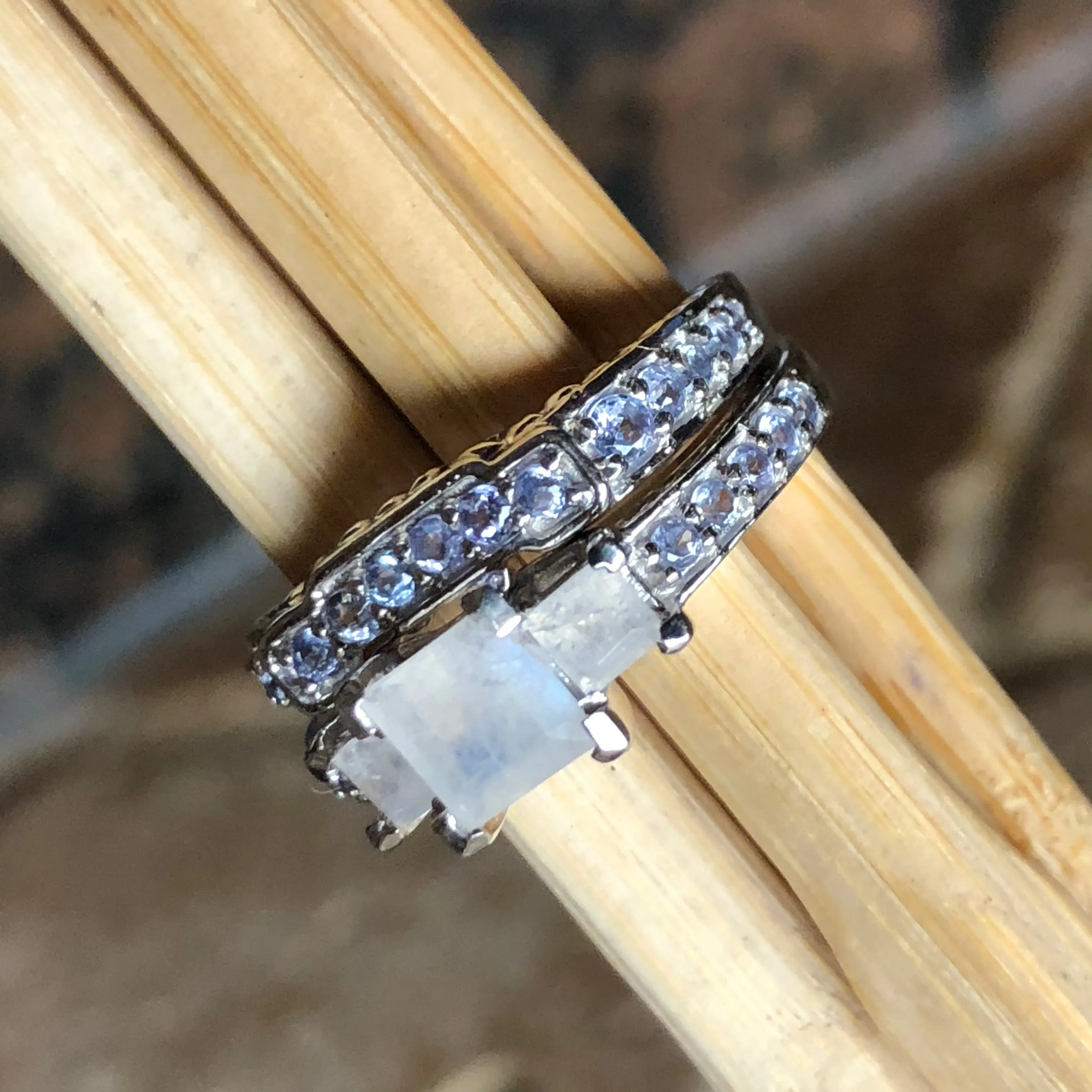 Genuine Blue Tanzanite, Moonstone 925 Solid Sterling Silver Engagement Ring Size 5, 6, 7, 8, 9