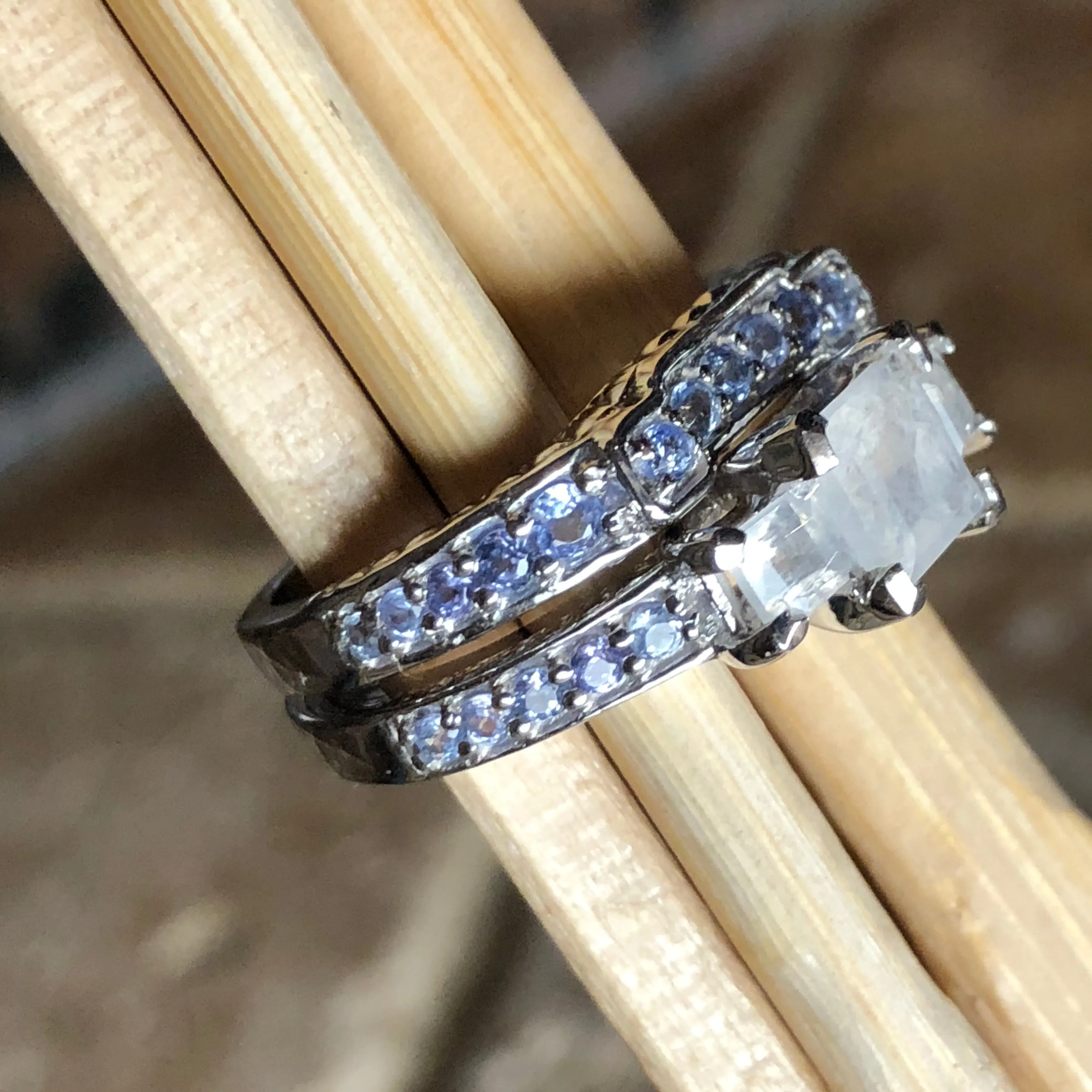 Genuine Blue Tanzanite, Moonstone 925 Solid Sterling Silver Engagement Ring Size 5, 6, 7, 8, 9