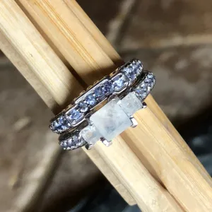 Genuine Blue Tanzanite, Moonstone 925 Solid Sterling Silver Engagement Ring Size 5, 6, 7, 8, 9