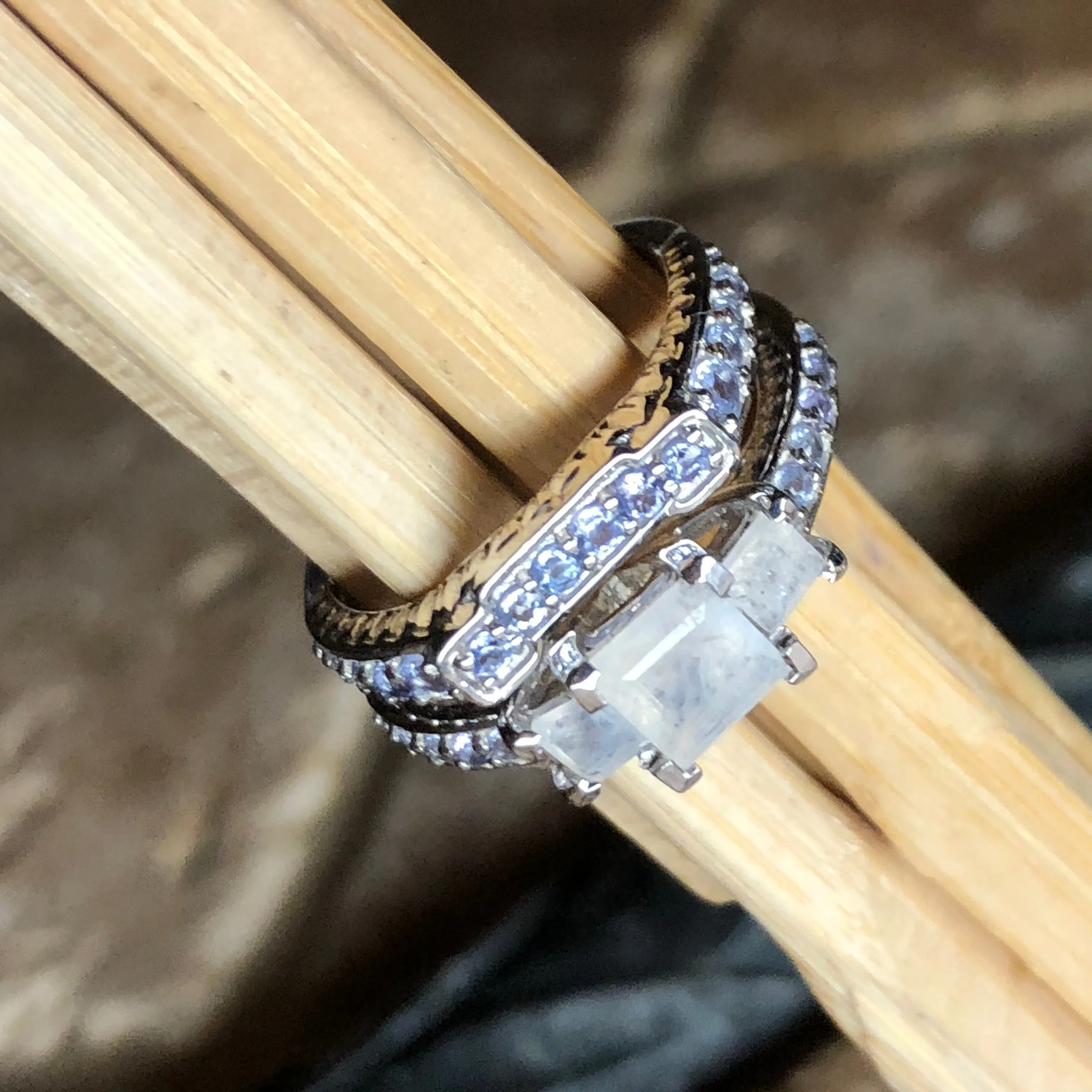 Genuine Blue Tanzanite, Moonstone 925 Solid Sterling Silver Engagement Ring Size 5, 6, 7, 8, 9