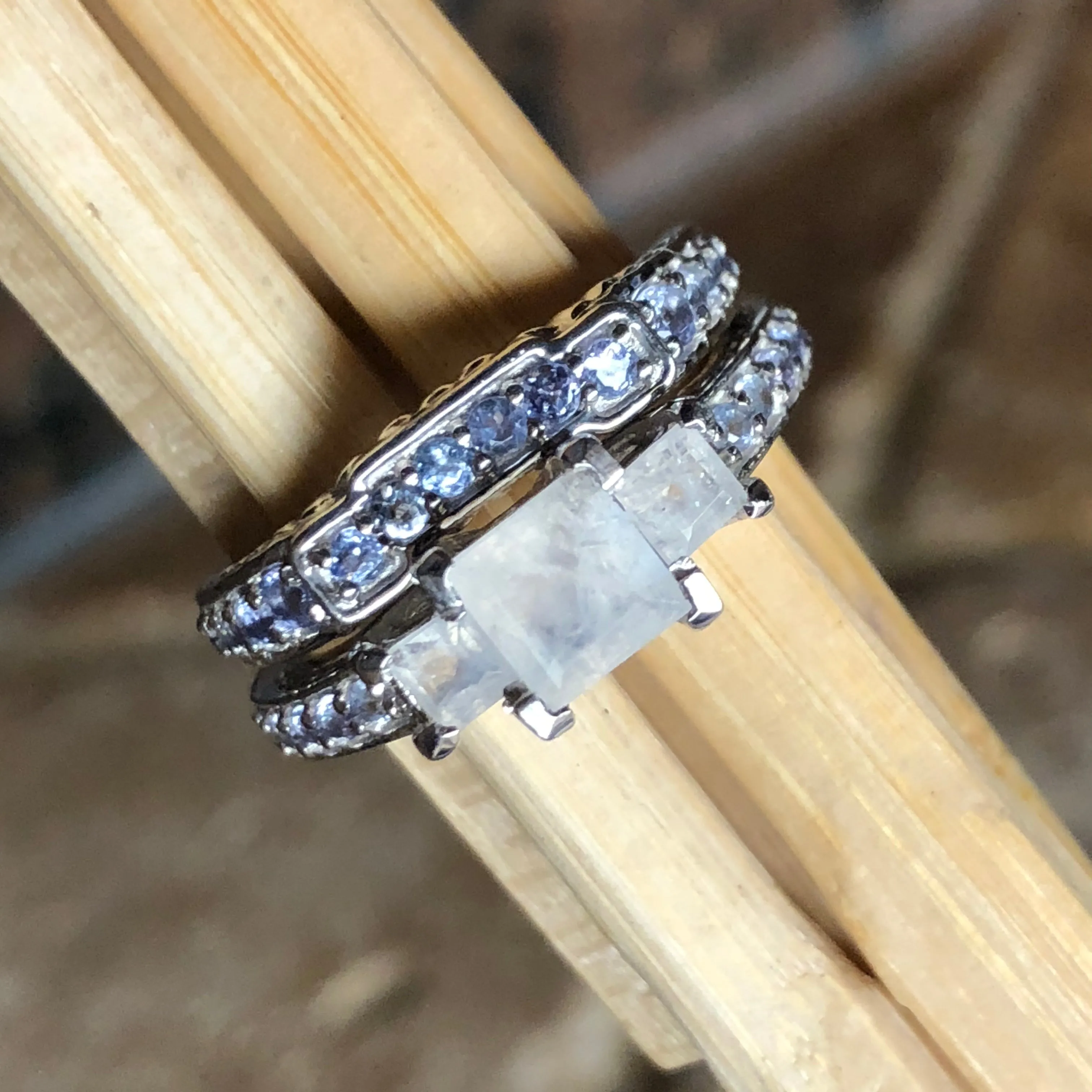 Genuine Blue Tanzanite, Moonstone 925 Solid Sterling Silver Engagement Ring Size 5, 6, 7, 8, 9