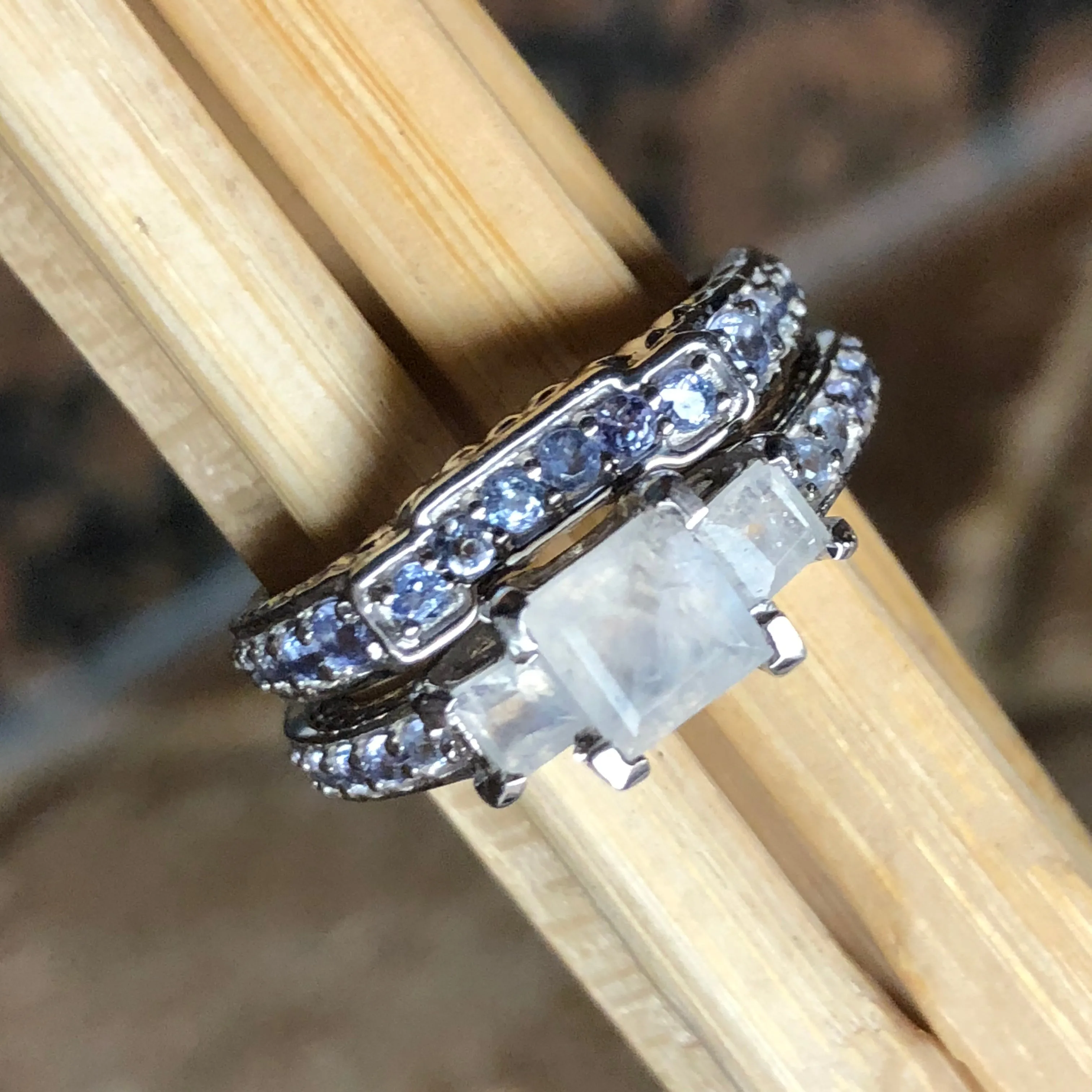 Genuine Blue Tanzanite, Moonstone 925 Solid Sterling Silver Engagement Ring Size 5, 6, 7, 8, 9