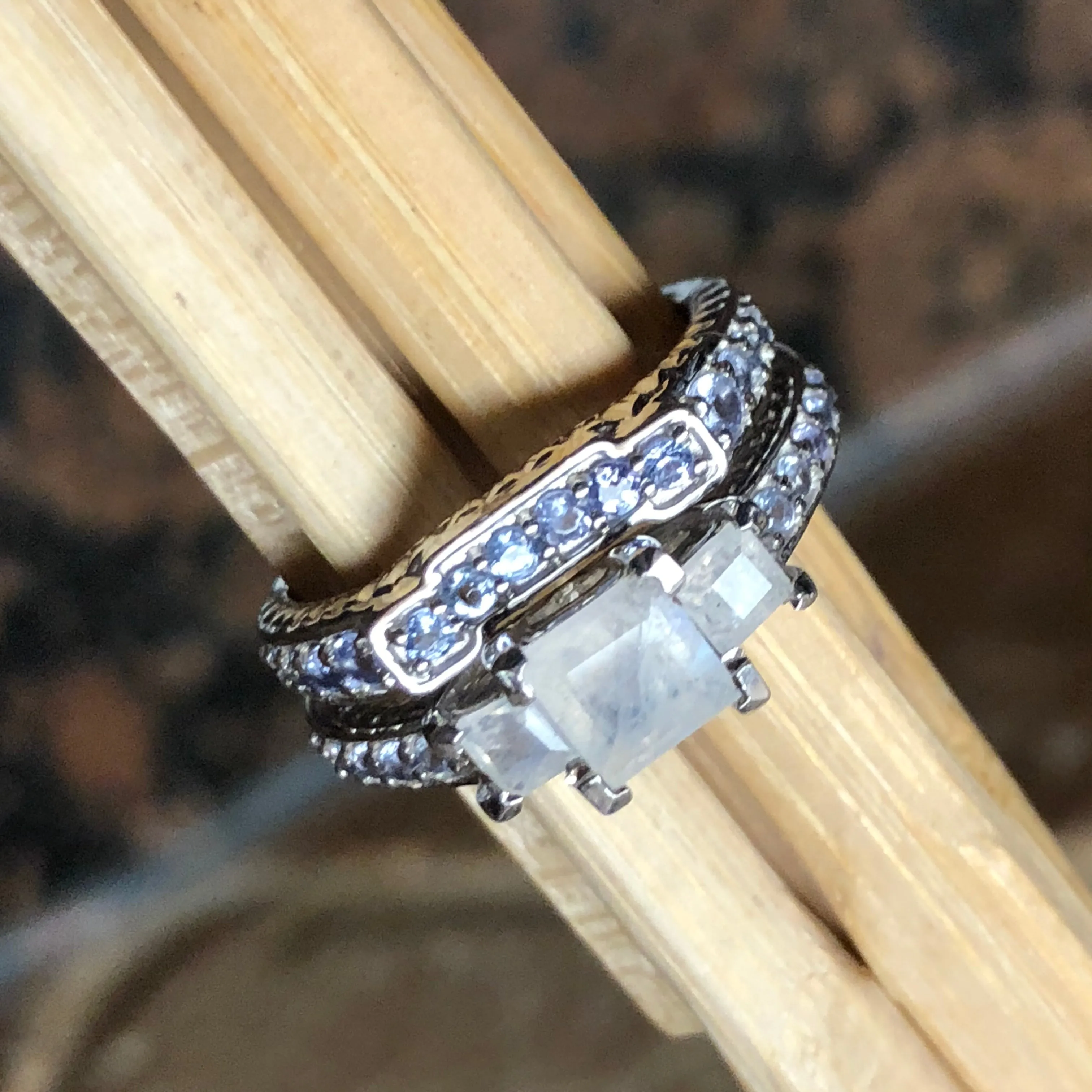 Genuine Blue Tanzanite, Moonstone 925 Solid Sterling Silver Engagement Ring Size 5, 6, 7, 8, 9