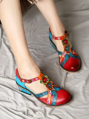 Genuine Leather Cut Out T-Strap Dora Sandals Oxford Shoes