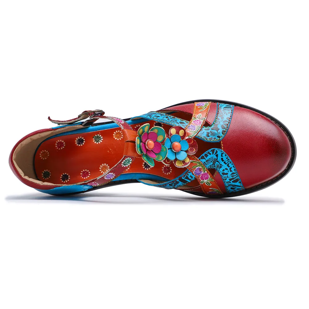 Genuine Leather Cut Out T-Strap Dora Sandals Oxford Shoes