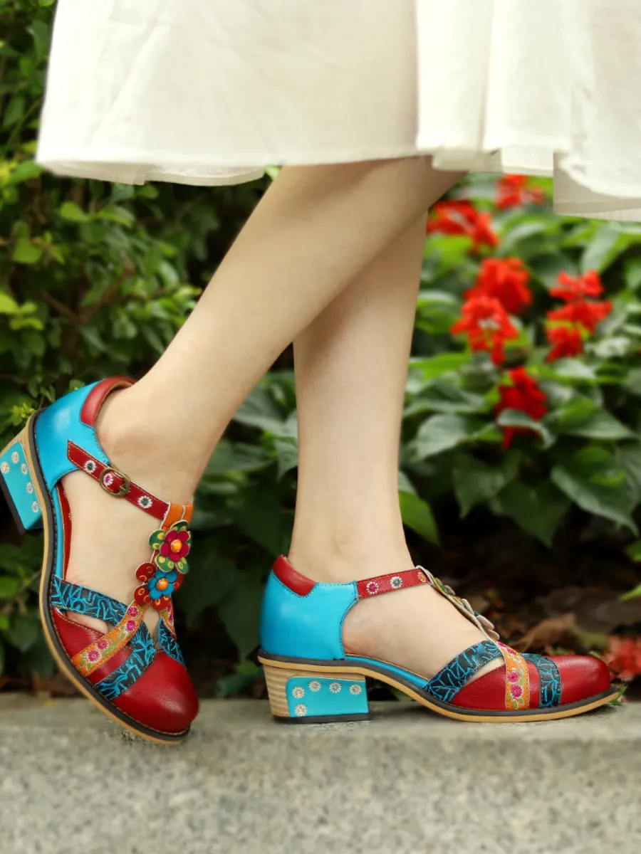 Genuine Leather Cut Out T-Strap Dora Sandals Oxford Shoes